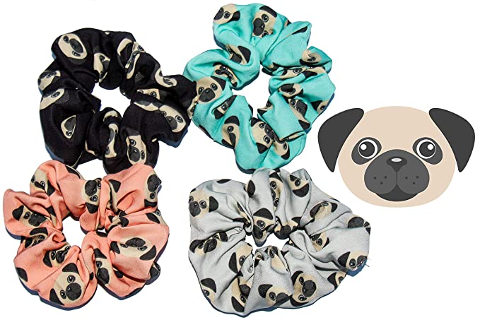 Happie Hare Scrunchies - Cotton Rounds Elastic Hair Bands - Scrunchy Hair Ties - Girls Hair Accessories - Gifts for Women -4 Pack, Pug 2